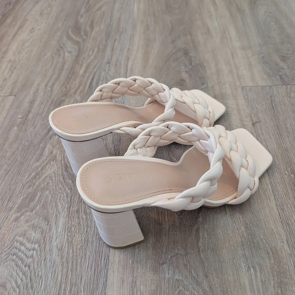 Women's Braided Heeled Sandals Backless Square Open Toe Block Slide Sandals - Picture 3 of 5